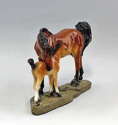 9977280 Polyresin Plastik Skulptur Figur Pferd Stute Fohlen 25x16cm