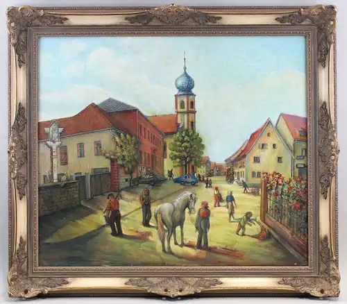 8160028 Öl-Gemälde Belebte Kleinstadt-Szene Frankreich