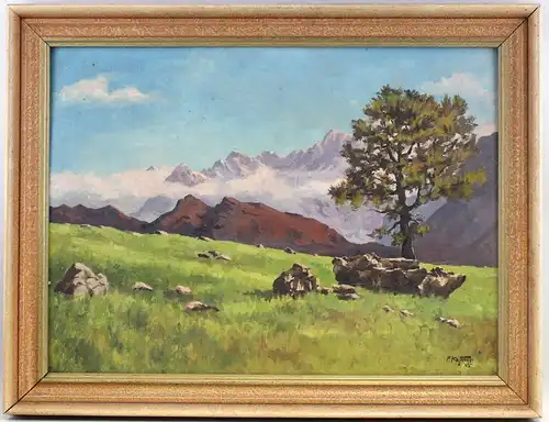 8160018 Öl-Gemälde signiert P. Kästner 1945 Alpen Landschaft Wiese