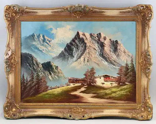 8160014 Öl-Gemälde signiert Alpen Landschaft Stuckrahmen