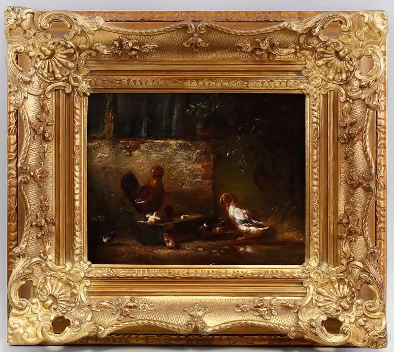 Öl-Gemälde signiert Carl Jutz d.Ä. 1869 Enten und Hühner in Stuckrahmen 99860103 0