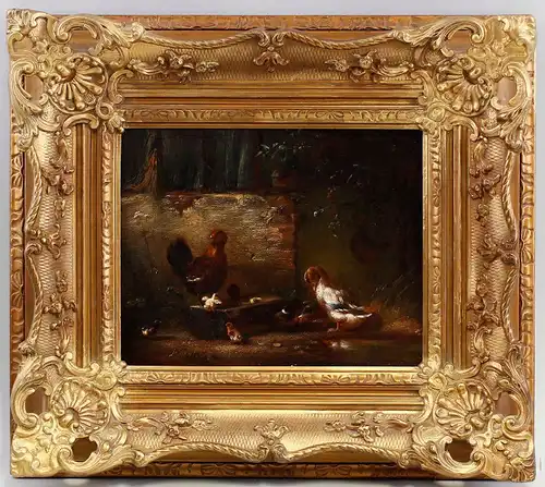 Öl-Gemälde signiert Carl Jutz d.Ä. 1869 Enten und Hühner in Stuckrahmen 99860103
