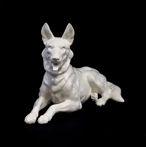 9941929 Ens Porzellan Figur Deutscher Schäferhund Hund Weißporzellan 18x30cm