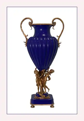 Messing Keramik Henkel Amphore Vase Jugendstil blau prunkvoll neu 99937845-dss