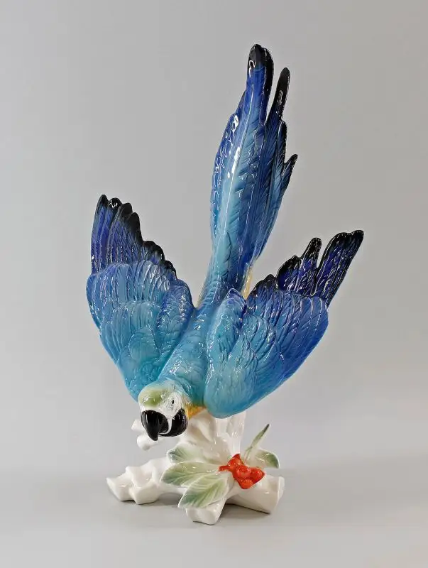 9997794 Porzellan Figur groß Papagei Ara Stürzer blauorange Ens H39cm 0