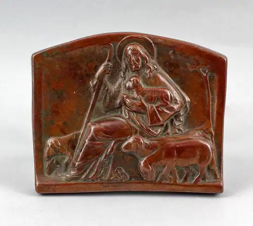 Votivbild / Aufsteller Agnus Dei Porzellan-Relief Kupferüberzug 19. Jh. 99869017