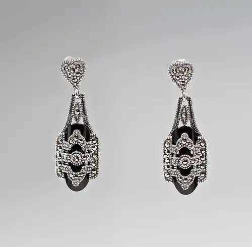 Paar silberne Onyx-Markasit-Ohrringe Art déco 925er Silber 9927471
