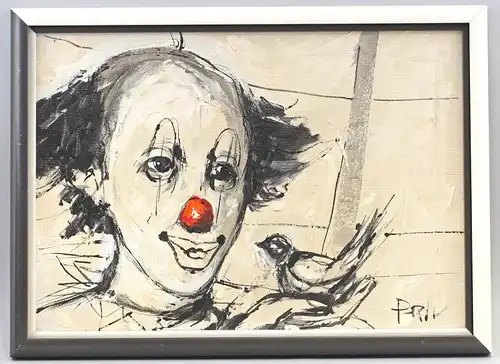 8260053 Öl-Gemälde sign. Bildnis eines Clowns Porträt Kopf um 1990