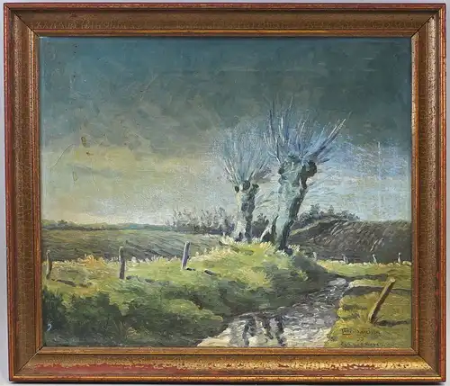 8260025 Öl-Gemälde signiert Nielsen Landschaft bei Aabenraa Dänemark Weide 1935