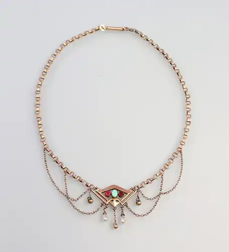 8225001 Jugendstil-Collier Tombak vergoldet Opal, Rubine L38cm