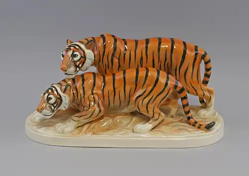  Keramik-Figur Katzhütte Tiger-Gruppe um 1920 Hertwig & Co.