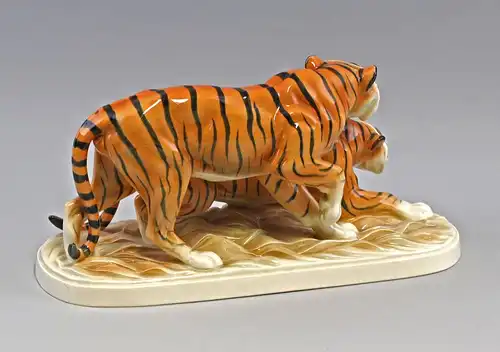 Keramik-Figur Katzhütte Tiger-Gruppe um 1920 Hertwig & Co.
