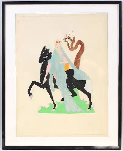 8363102 Tempera Zeichnung Reitende Königin Frau auf Pferd