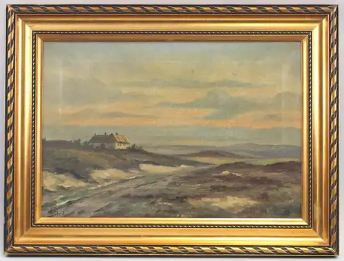 8360076 Öl-Gemälde signiert Norddeutsche Landschaft Heide Dünen um 1900/20