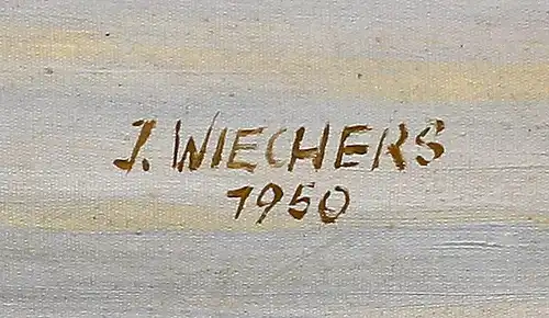 8360109  Ölgemälde sign. Wiechers Stadt am Rheinufer dat. 1950