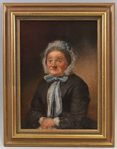 8360135 Öl-Gemälde Bildnis einer älteren Frau in Spitzenhaube Mitte 19. Jh.