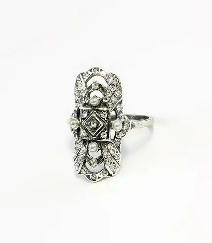 925er Silber Art Déco Ring mit Swarovski-Steinen und Perlen Gr. 57 9901031