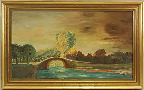 99860169 Öl-Gemälde Landschaft mit Brücke Mitte 20. Jh.
