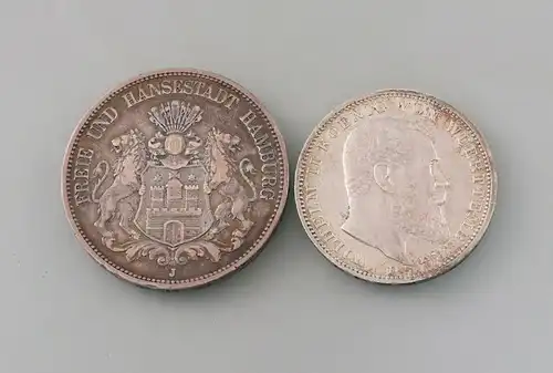 8408002 Deutsches Reich 3 Mark Württemberg 1911 + 5 Mark Hamburg 1876