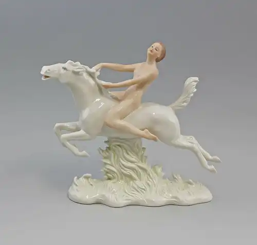 Porzellan Figur Wallendorf Dame Mädchen Akt auf Pferd 27x24cm 9941720