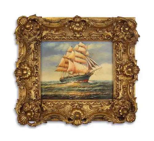 9973266-ds Ölgemälde auf Holz im Holz/Resin-Goldstuck-Rahmen Segelschiff