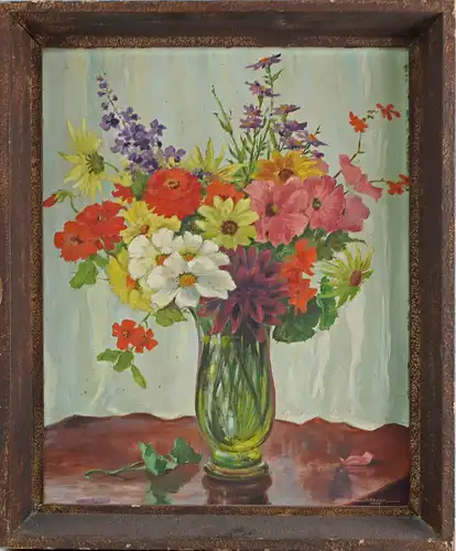 8560016 Öl-Gemälde Streich Gartenblumen Stillleben