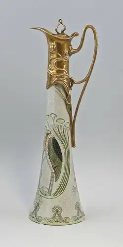 9937560-dss Bronze Keramik Weinkanne Jugendstil Kranich Marabu H40cm