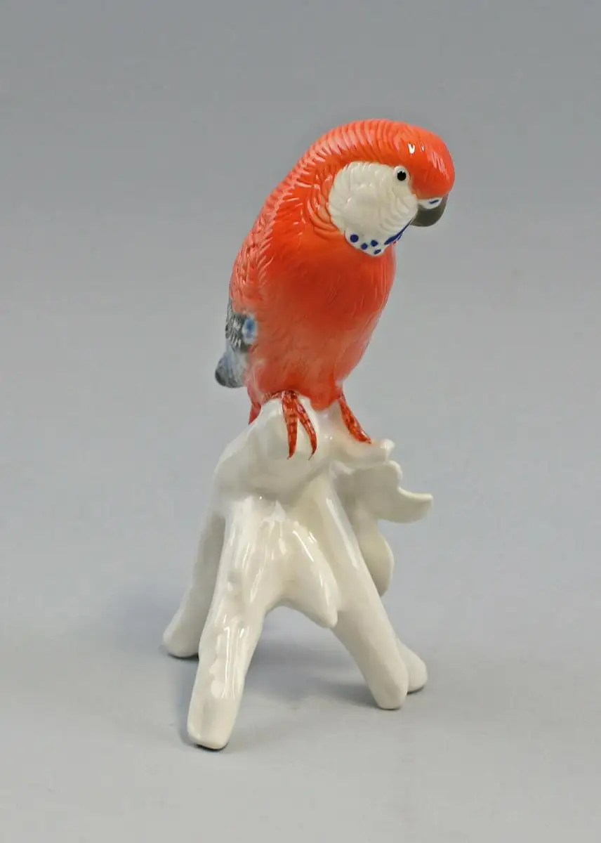 9959531 Porzellan Figur Wellensittich rot Vogel Ens H17cm 3