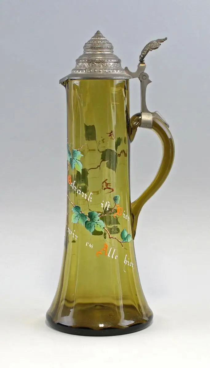 8335072 Großer Glas Schenk-Krug um 1900 Emailmalerei Trinkspruch Bier 0