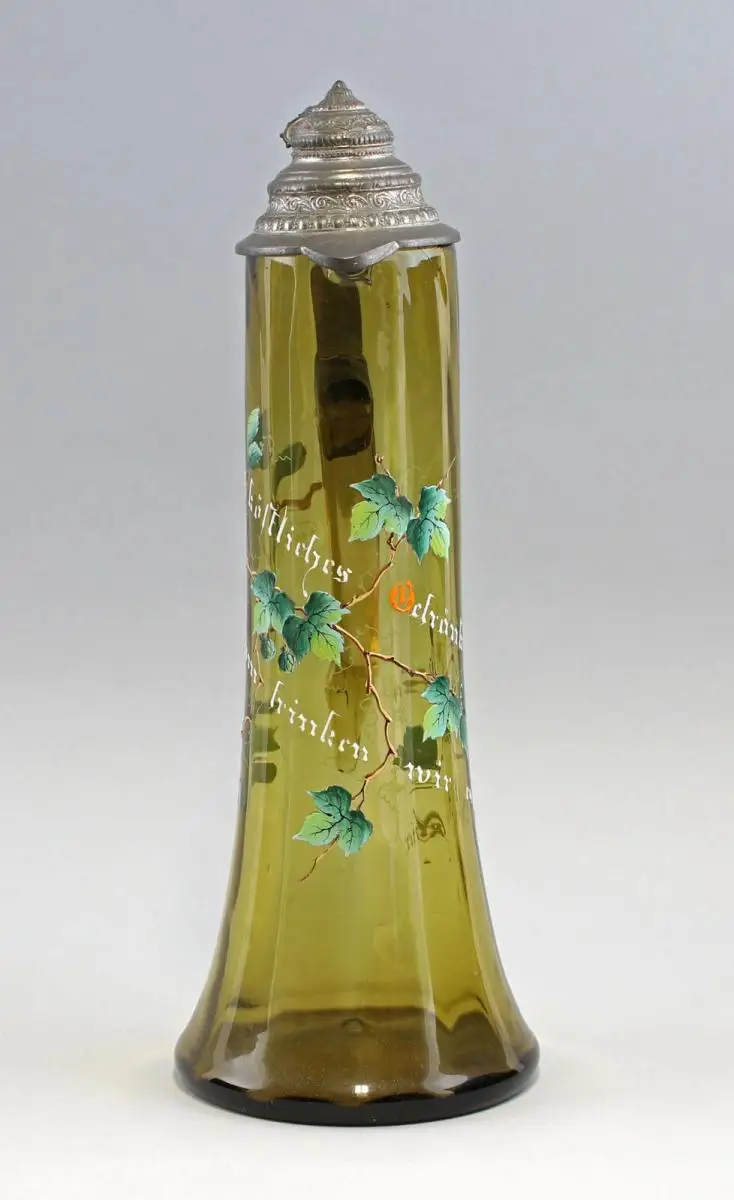 8335072 Großer Glas Schenk-Krug um 1900 Emailmalerei Trinkspruch Bier 1