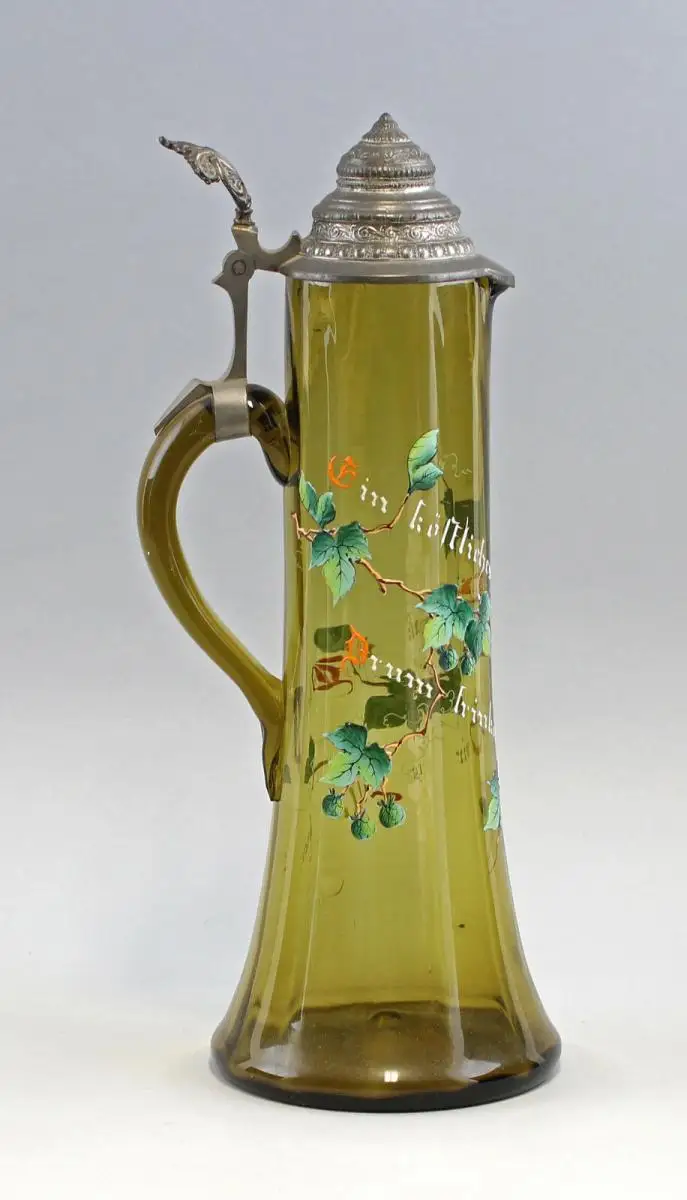 8335072 Großer Glas Schenk-Krug um 1900 Emailmalerei Trinkspruch Bier 2