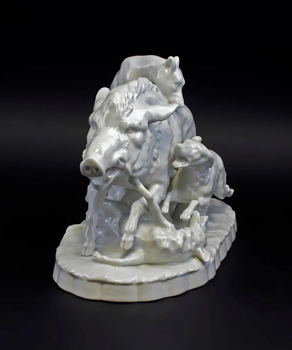 9944331-ds Porzellan Figur Jagdhund Wildschwein Jagd Sitzendorf 24x18cm 1