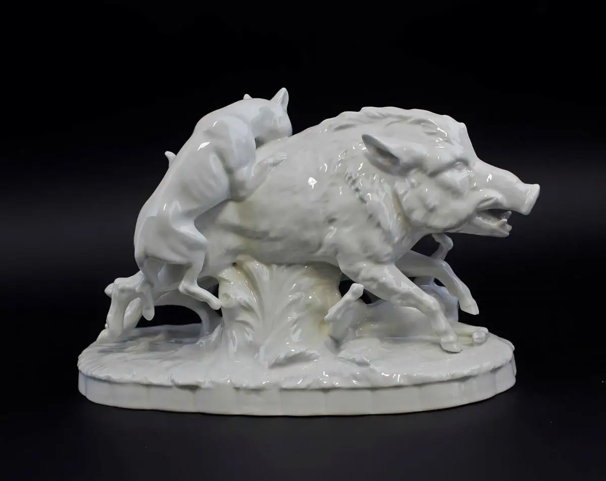 9944331-ds Porzellan Figur Jagdhund Wildschwein Jagd Sitzendorf 24x18cm 2