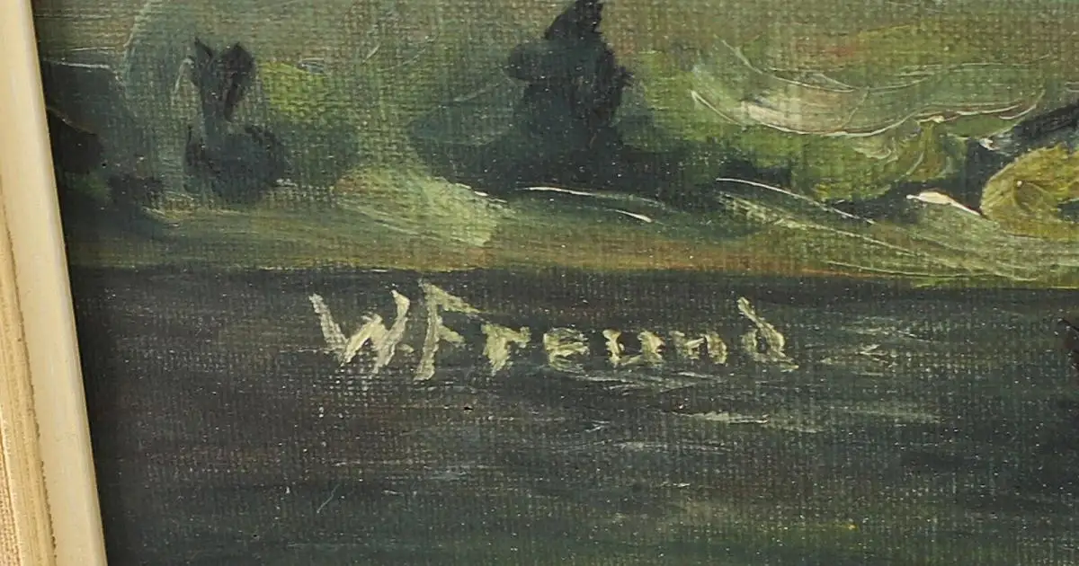 8460007 Ölgemälde signiert Wilhelm Freund Gehöft Hof Bauernkaten 1