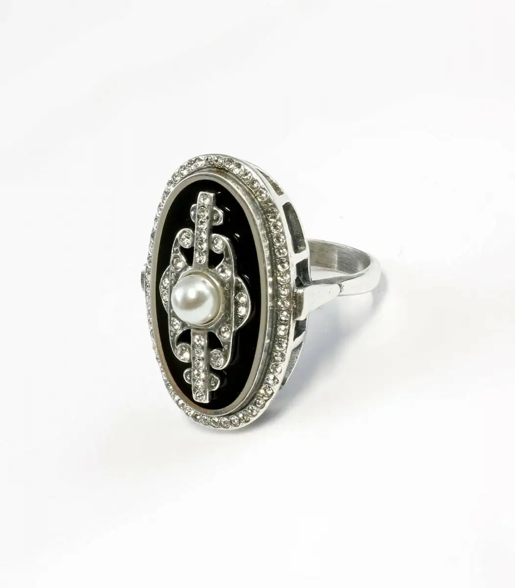 9901032 925er Silber Art -Deco-Ring Onyx Swarovski -Steinen Gr.53 0