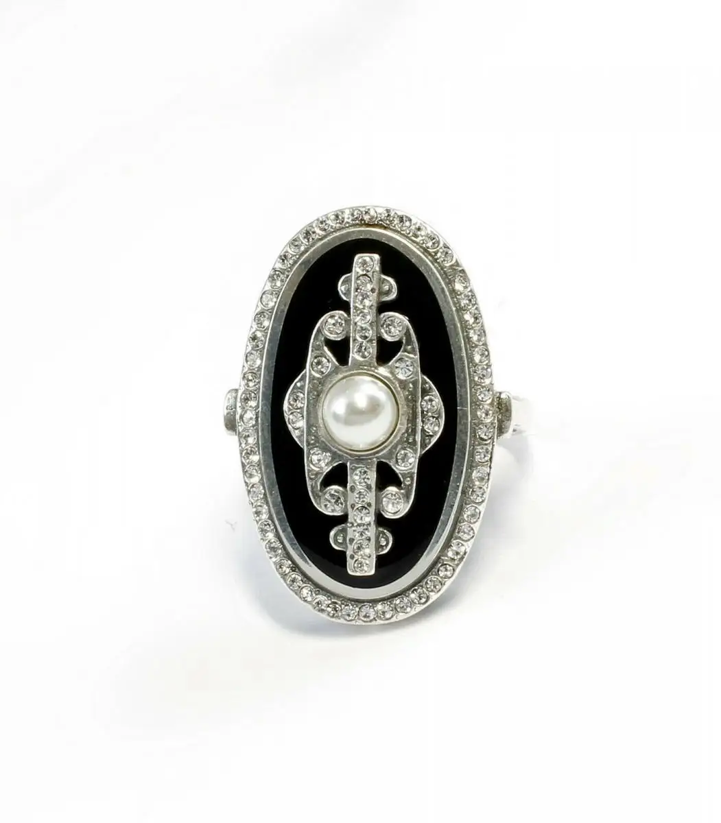 9901032 925er Silber Art -Deco-Ring Onyx Swarovski -Steinen Gr.53 1