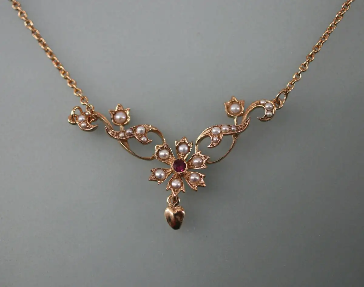 9906039 925er Silber rotvergoldet Jugendstil-Collier mit Rubin und Perlchen 0