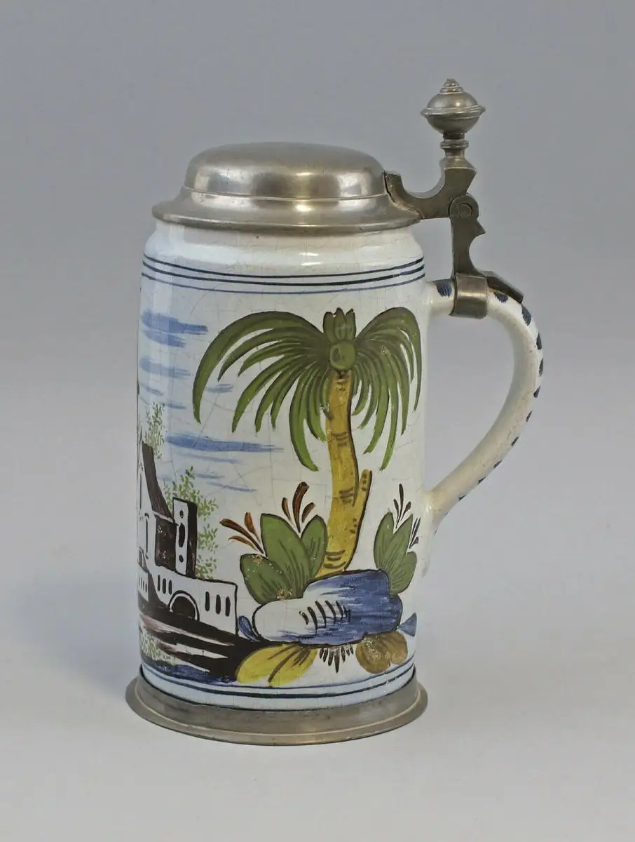 8545046 Keramik Bierkrug Walzenkrug Zinndeckel Fayence Krug Fulda/Frankfurt 0