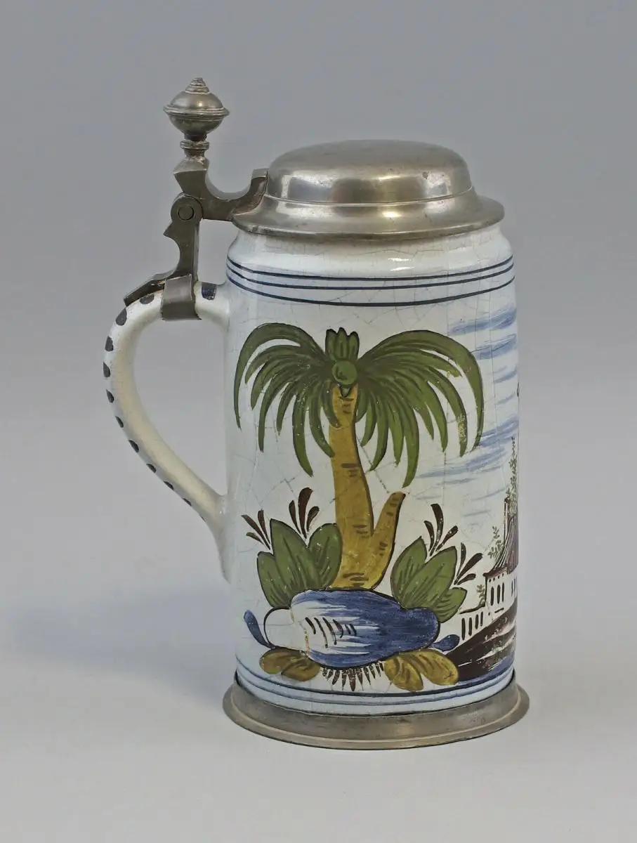 8545046 Keramik Bierkrug Walzenkrug Zinndeckel Fayence Krug Fulda/Frankfurt 2