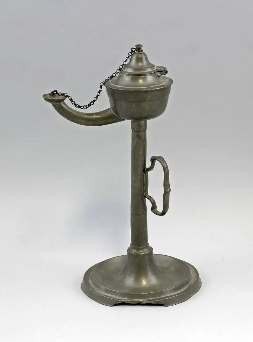 99833122 Öl-Lampe Zinn 19. Jh. Handleuchter 0