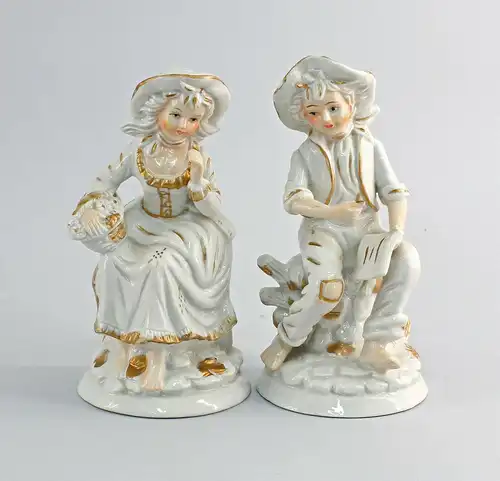  Paar Porzellan Figuren Preussen Knabe und Blumen Mädchen Goldstaffage