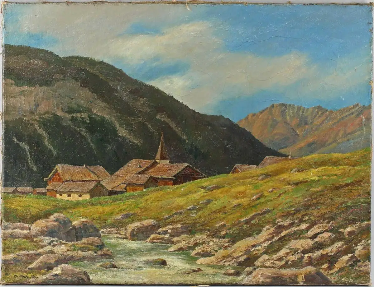 8460010 Ölgemälde signiert Josef Koch München Alpen Dorf Gebirge um 1920 0