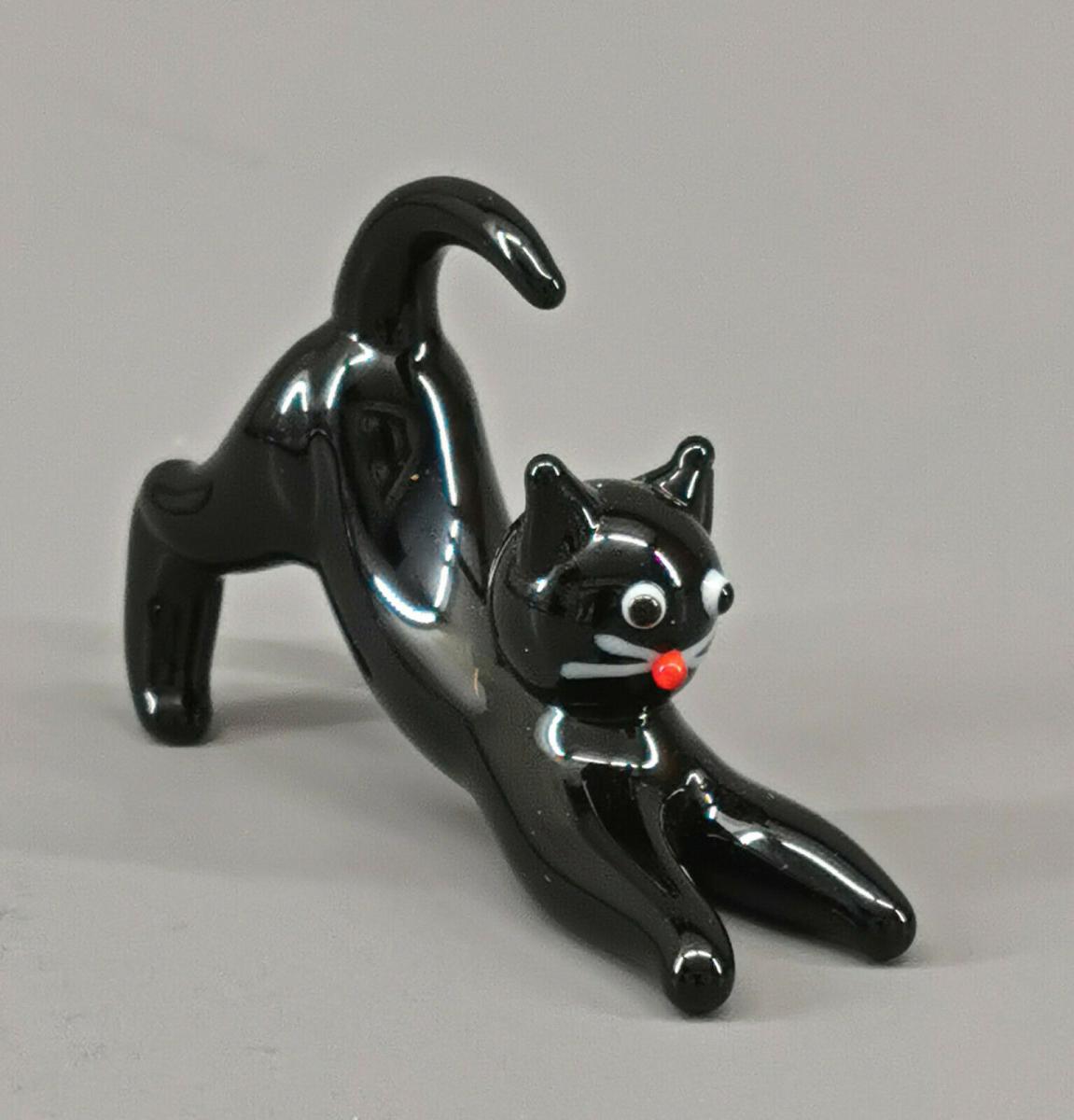 9912017-x Glas Figur Katze mit Maus schwarz 4x1,5cm mundgeblasen 