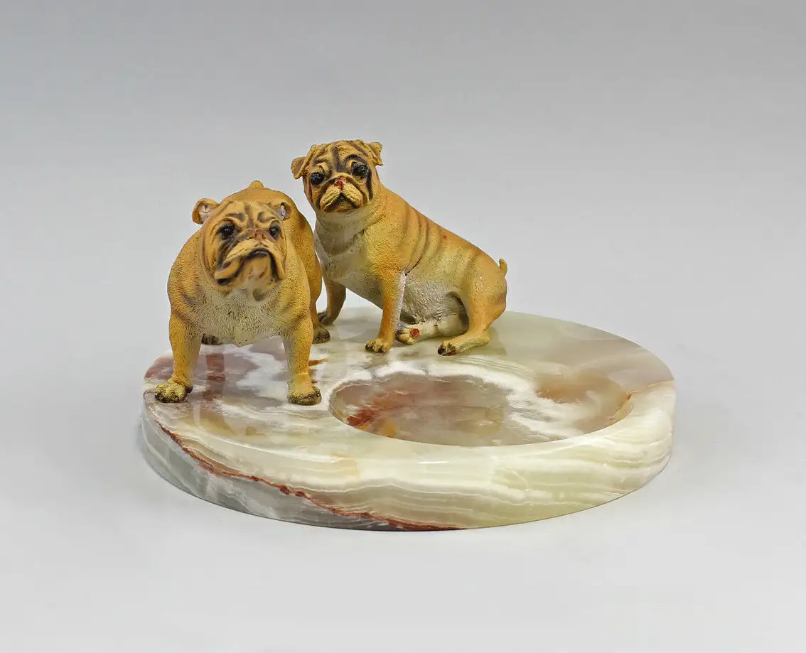 9937636 Bronze Skulptur farbig Hund Bolldogge und Mops Schale Onyx grün 20x11cm 1