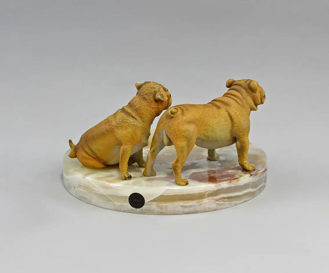 9937636 Bronze Skulptur farbig Hund Bolldogge und Mops Schale Onyx grün 20x11cm 2