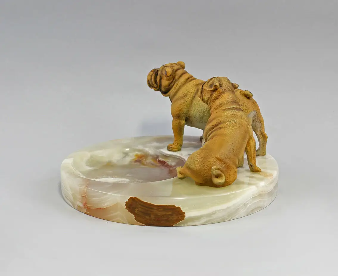 9937636 Bronze Skulptur farbig Hund Bolldogge und Mops Schale Onyx grün 20x11cm 3