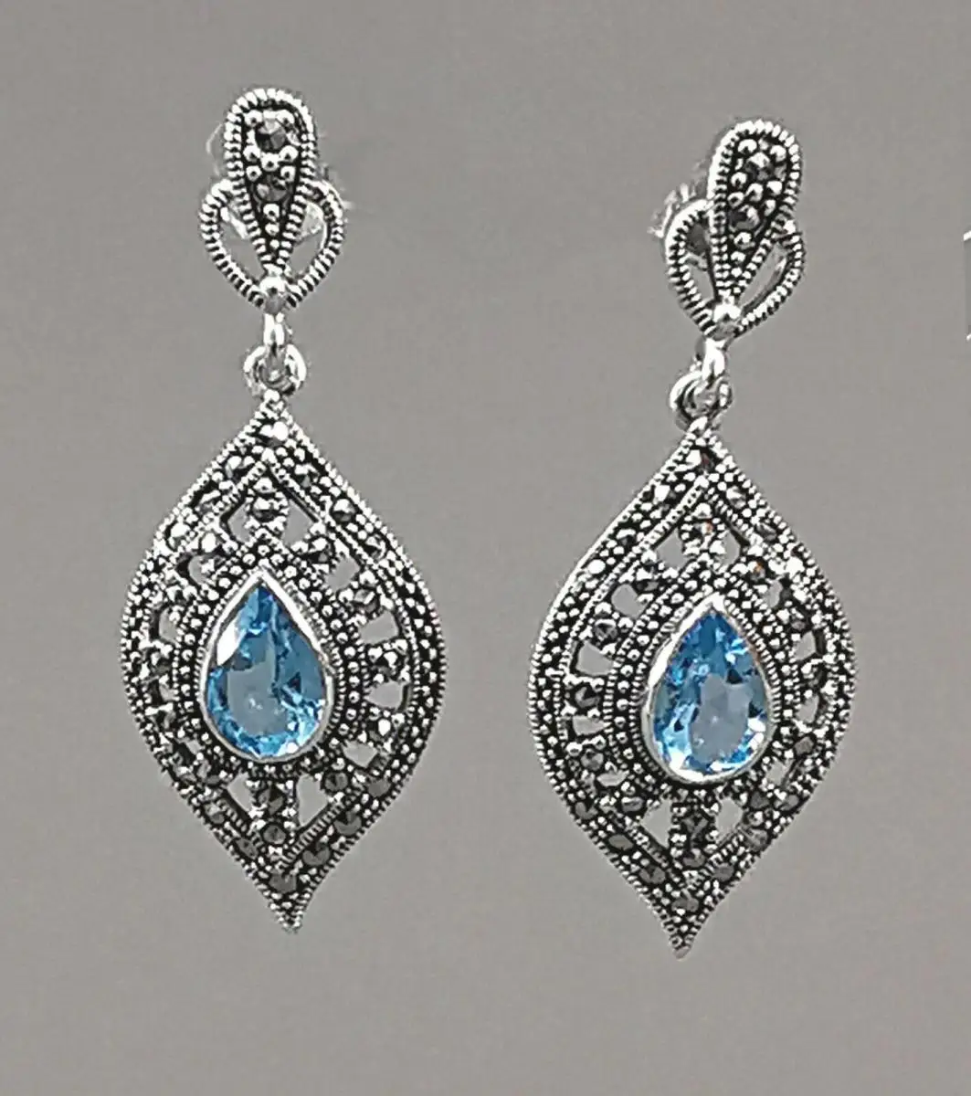 9927948 Silber-Ohrringe Blautopas Markasiten 1,8x4,5cm 925er Silber wie neu 0