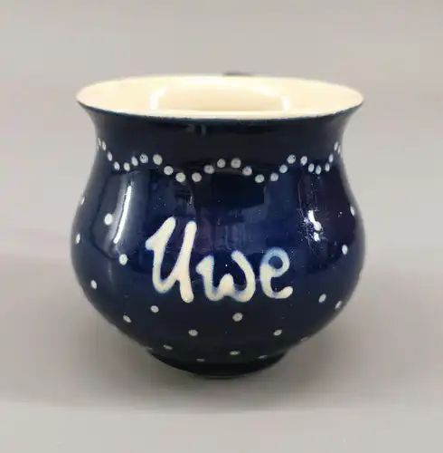 Bürgel Keramik Tasse Henkel blau-weiß Engobe-Malerei H8cm Thüringen Uwe
