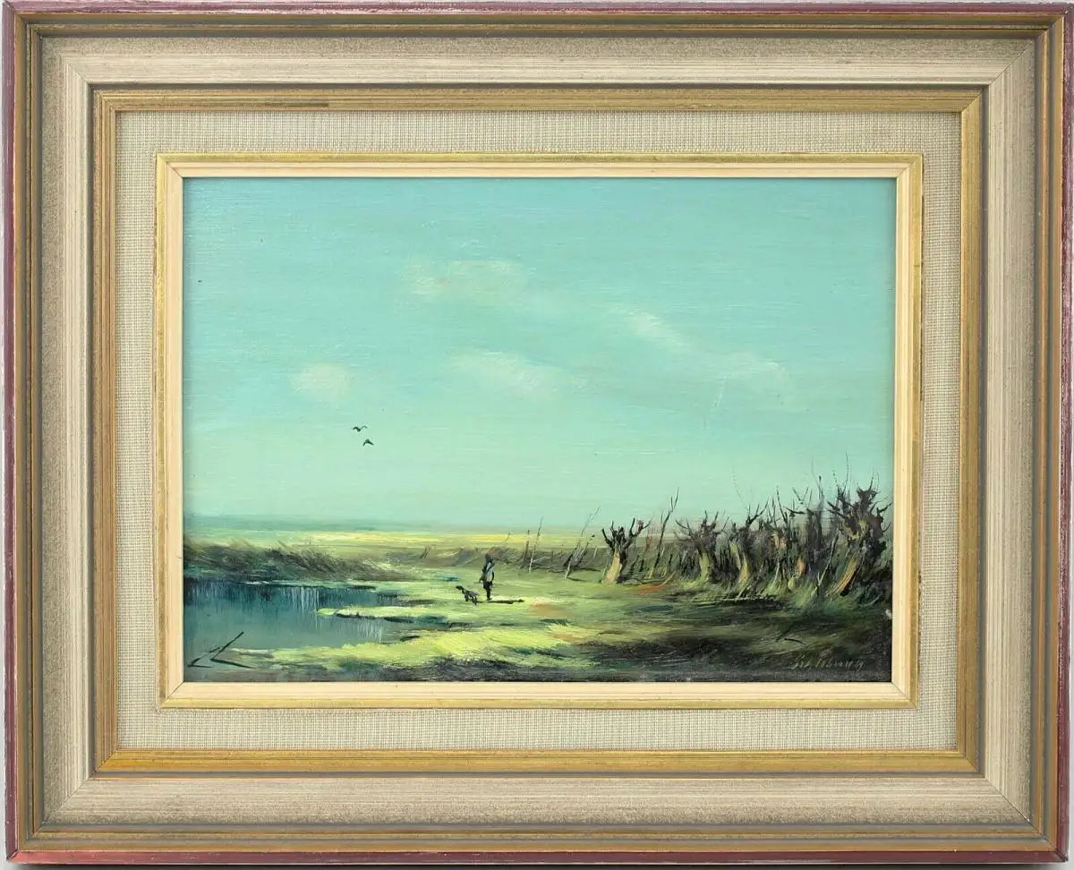 8760039-d Gemälde Schlebusch Entenjagd Mitte 20.Jh. 45x36cm 0