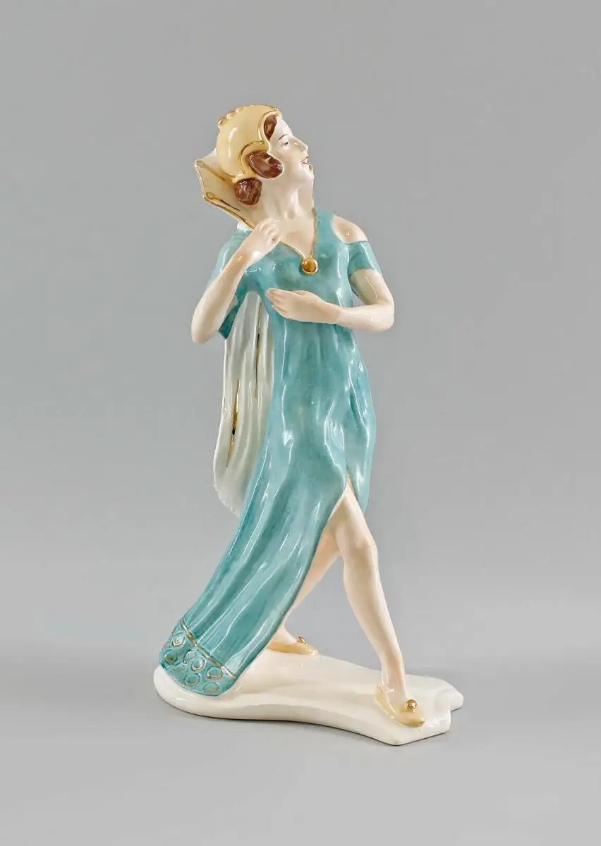 9997785 Ens Porzellan Figur Frau Tänzerin Art deco mit Schleppe H27cm 0